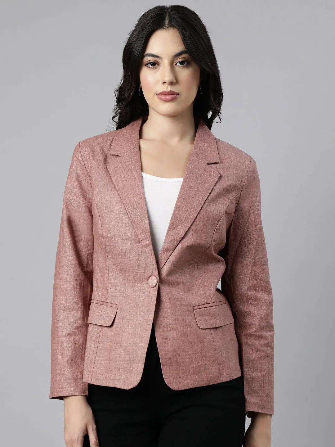 Women Brown Notched Lapel Collar Single Breasted Slim-Fit Blazer