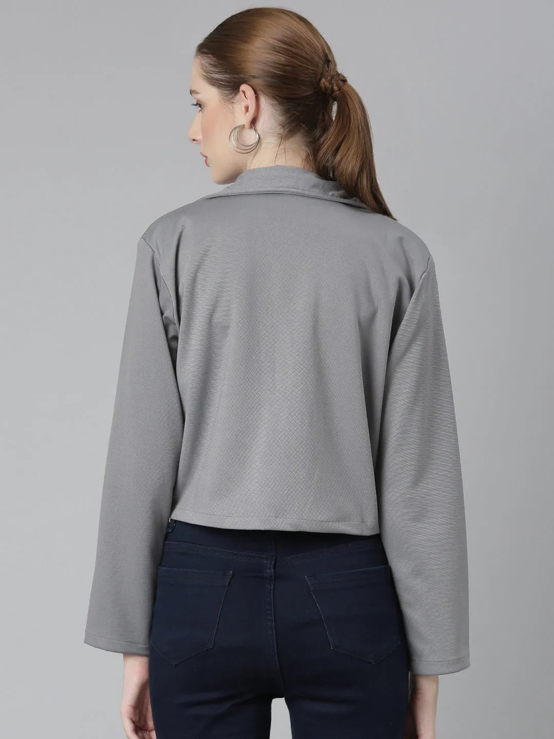Women Grey Cotton Open Front Blazer