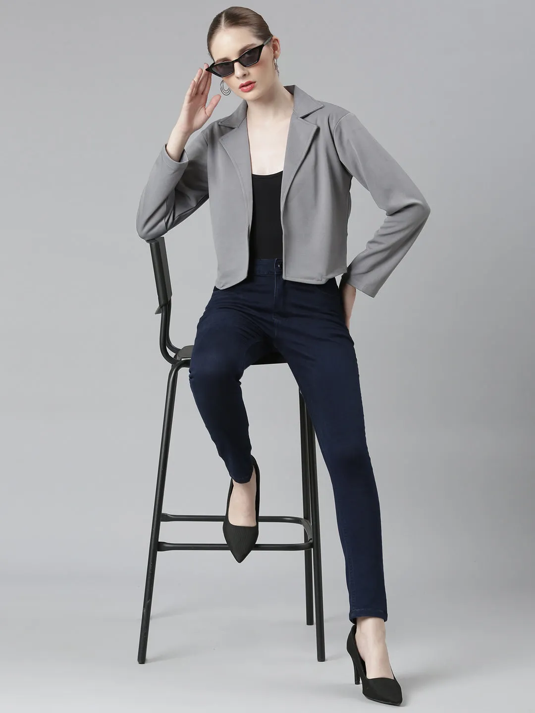 Women Grey Cotton Open Front Blazer
