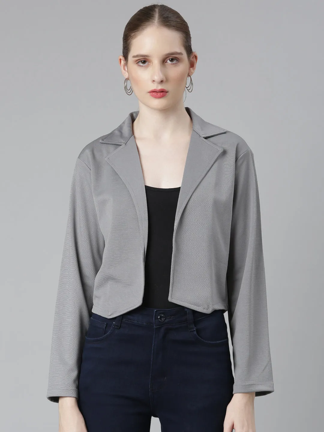 Women Grey Cotton Open Front Blazer