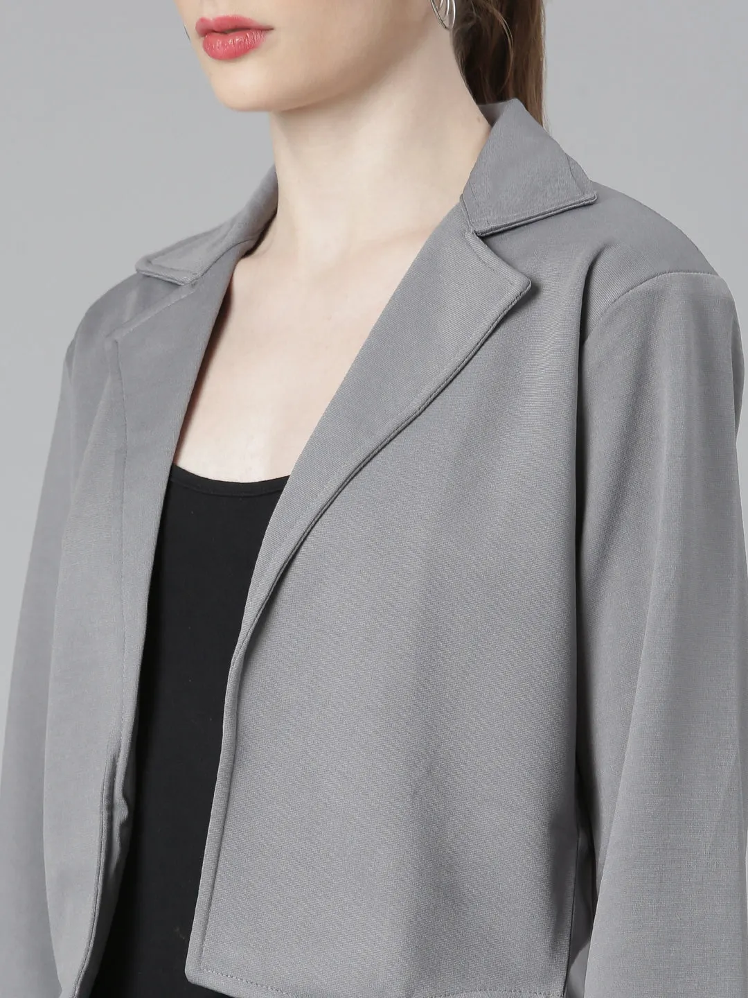 Women Grey Cotton Open Front Blazer