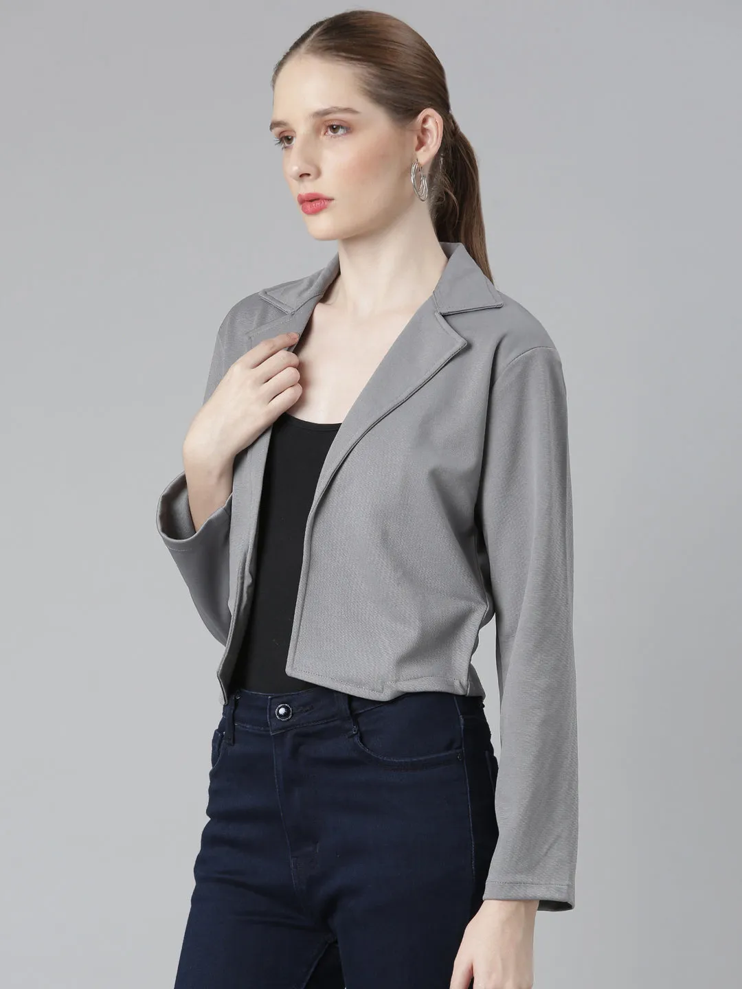 Women Grey Cotton Open Front Blazer