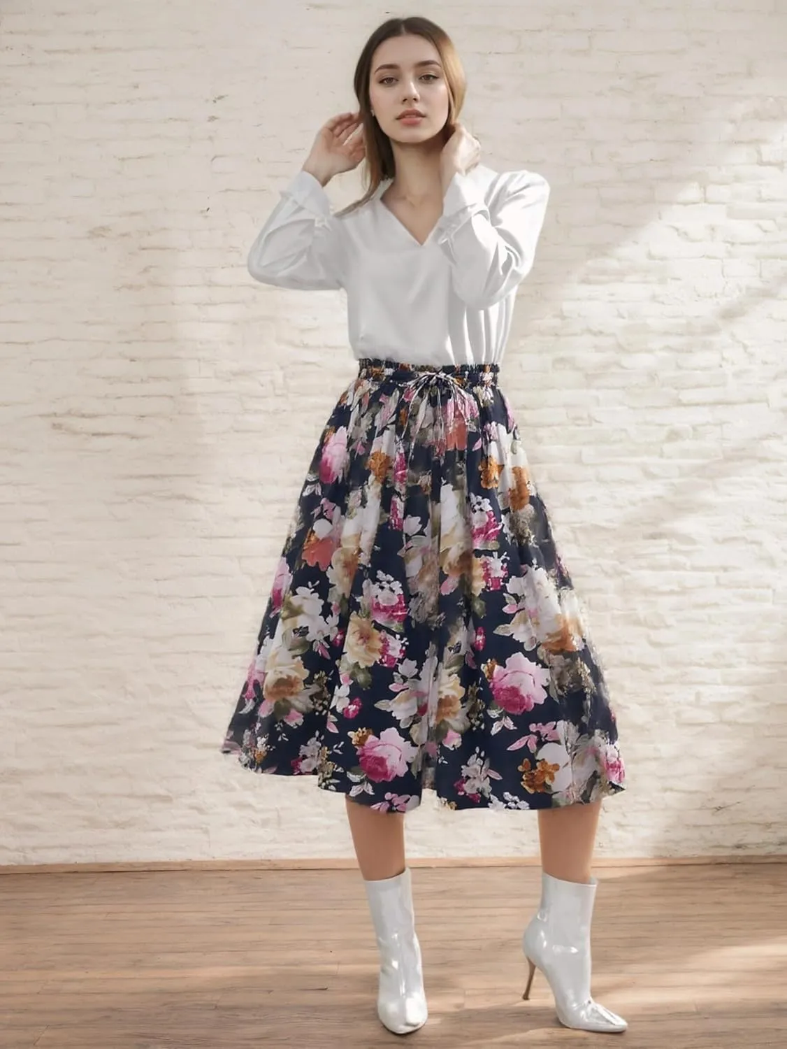 Women's Chiffon Floral Elastic Waist Flowy Swing Skirts Summer Trendy A Line Ruffle Flared Midi Skirt with Drawstring