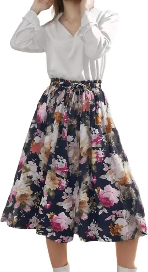 Women's Chiffon Floral Elastic Waist Flowy Swing Skirts Summer Trendy A Line Ruffle Flared Midi Skirt with Drawstring