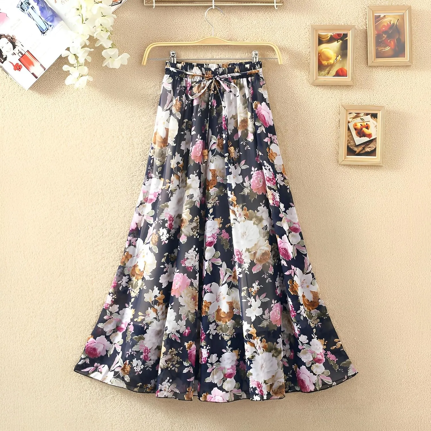 Women's Chiffon Floral Elastic Waist Flowy Swing Skirts Summer Trendy A Line Ruffle Flared Midi Skirt with Drawstring