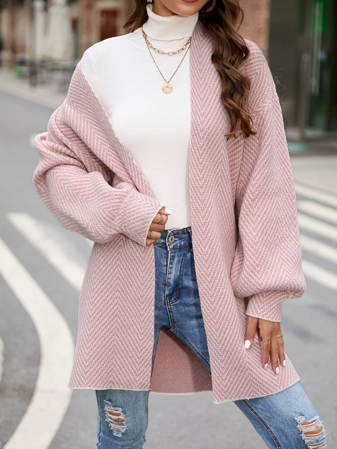 Womens Knit Cardigan  Relaxed Fit  Herringbone Pattern  Open Front Long Sleeve