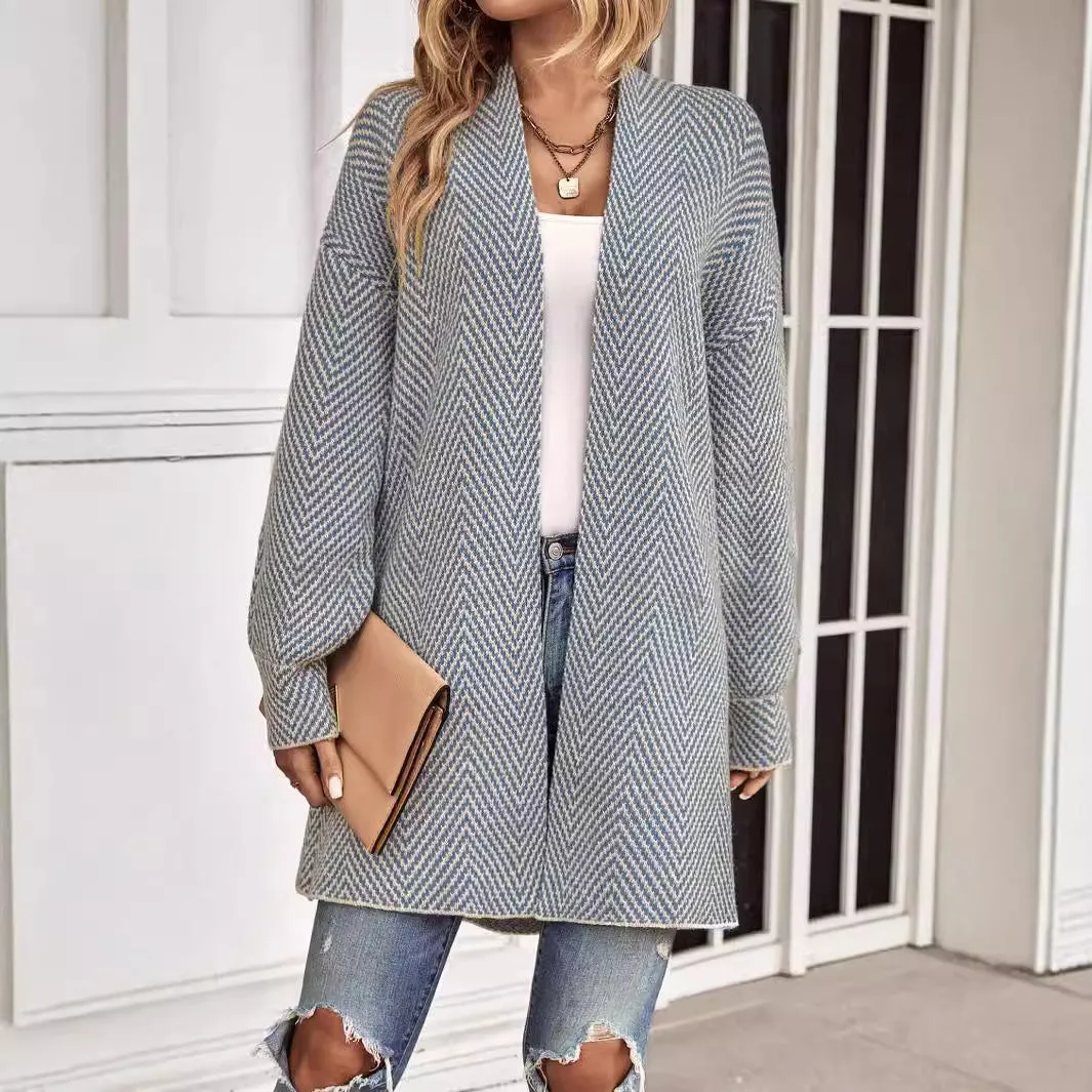 Womens Knit Cardigan  Relaxed Fit  Herringbone Pattern  Open Front Long Sleeve