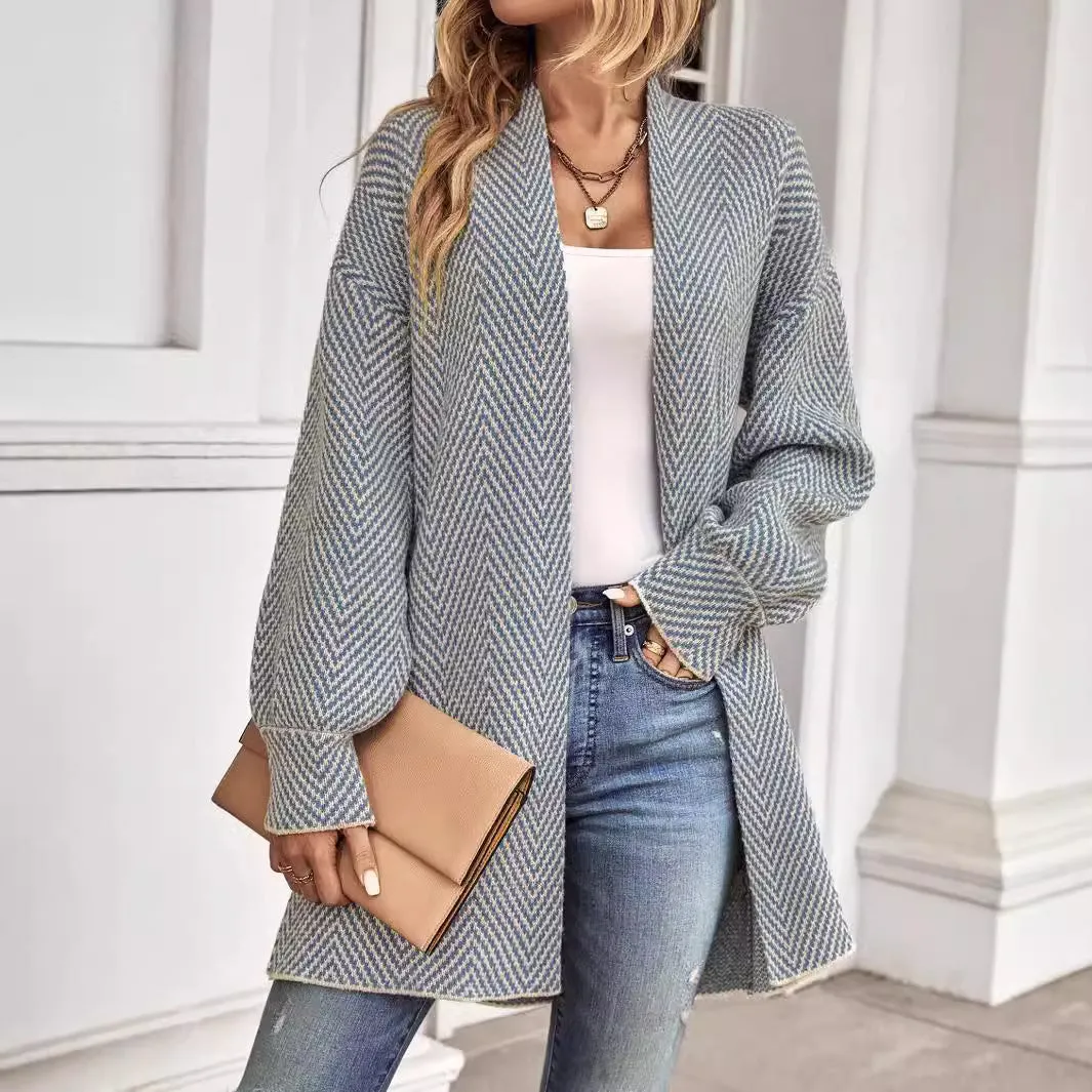 Womens Knit Cardigan  Relaxed Fit  Herringbone Pattern  Open Front Long Sleeve