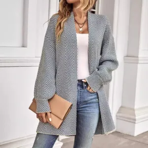 Womens Knit Cardigan  Relaxed Fit  Herringbone Pattern  Open Front Long Sleeve