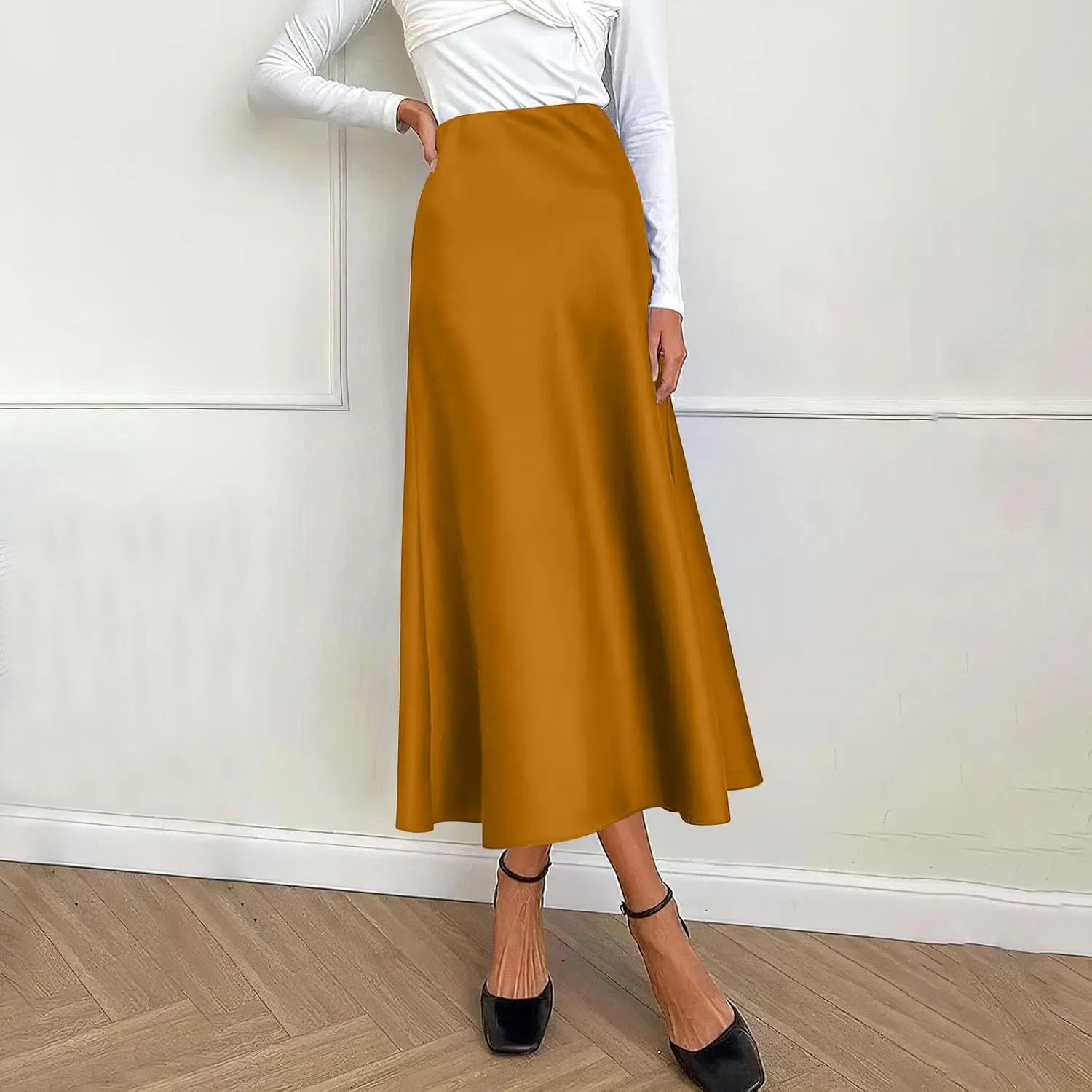 Women's Midi Satin Skirt Dressy Casual High Waisted A Line Flowy Ruffle Elegant Summer Party Cocktail Calf Length Skirts