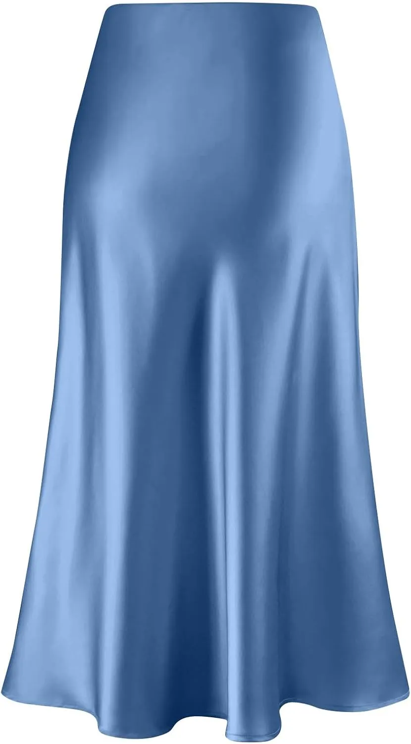 Women's Midi Satin Skirt Dressy Casual High Waisted A Line Flowy Ruffle Elegant Summer Party Cocktail Calf Length Skirts