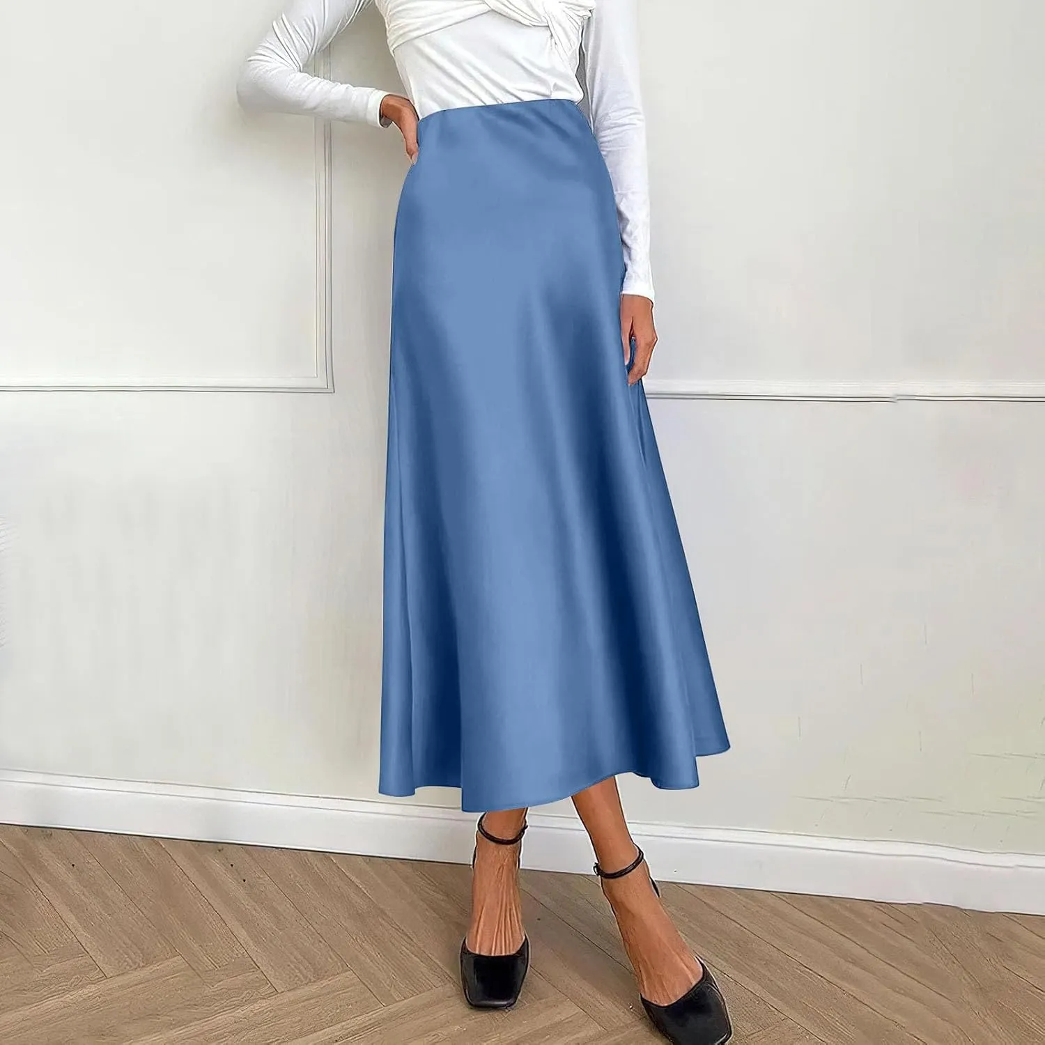 Women's Midi Satin Skirt Dressy Casual High Waisted A Line Flowy Ruffle Elegant Summer Party Cocktail Calf Length Skirts