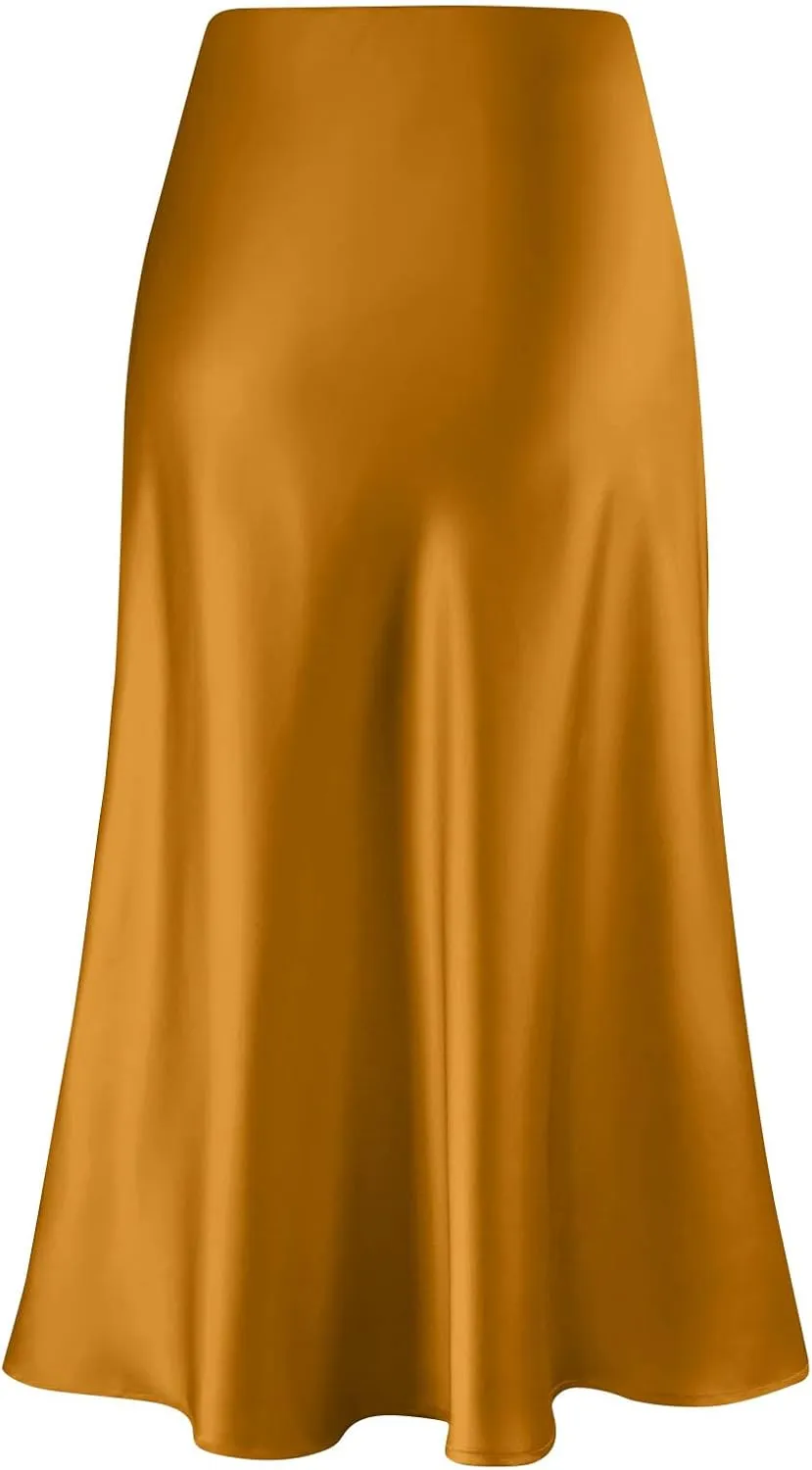 Women's Midi Satin Skirt Dressy Casual High Waisted A Line Flowy Ruffle Elegant Summer Party Cocktail Calf Length Skirts